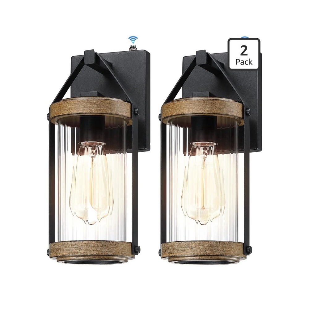 2 Pack Dusk to Dawn Sensor Outdoor Wall Lights w/ Wood Grain & Black Waterproof